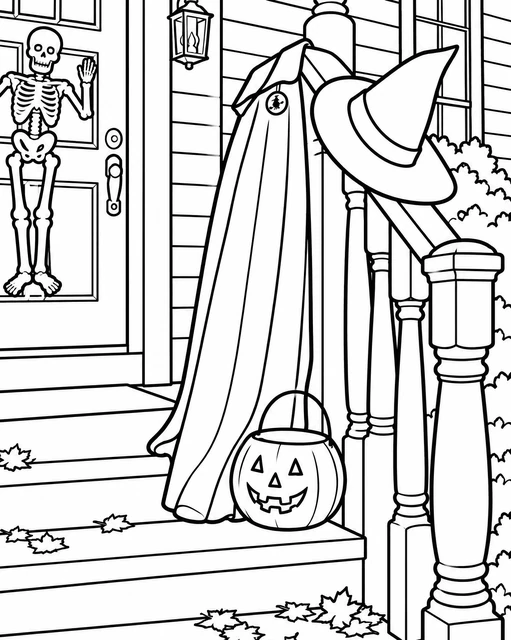 Witch hat and cape on a porch railing with a jack-o'-lantern bucket and skeleton decoration, coloring page