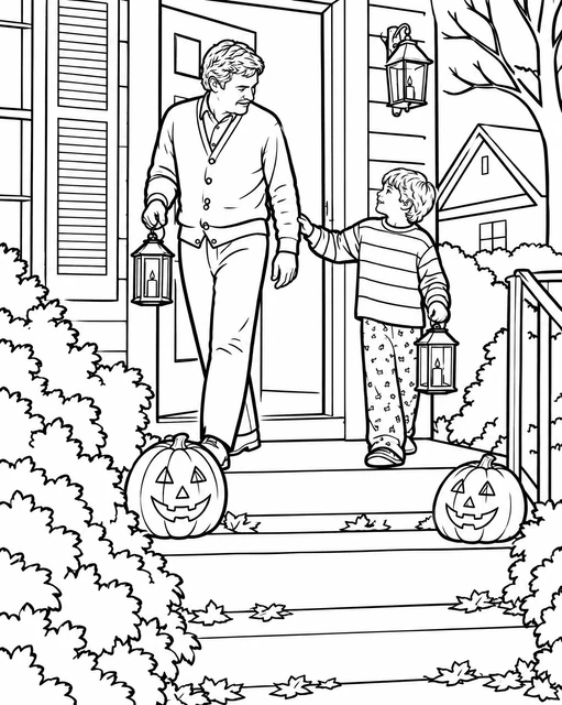 Parent and child with lanterns on a decorated porch with jack-o'-lanterns and autumn leaves, coloring page.
