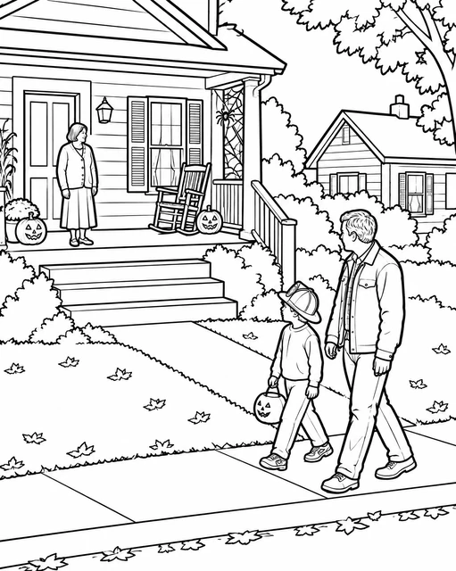 A child in a firefighter costume and an adult approach a porch with jack-o'-lanterns, autumn leaves, coloring page.