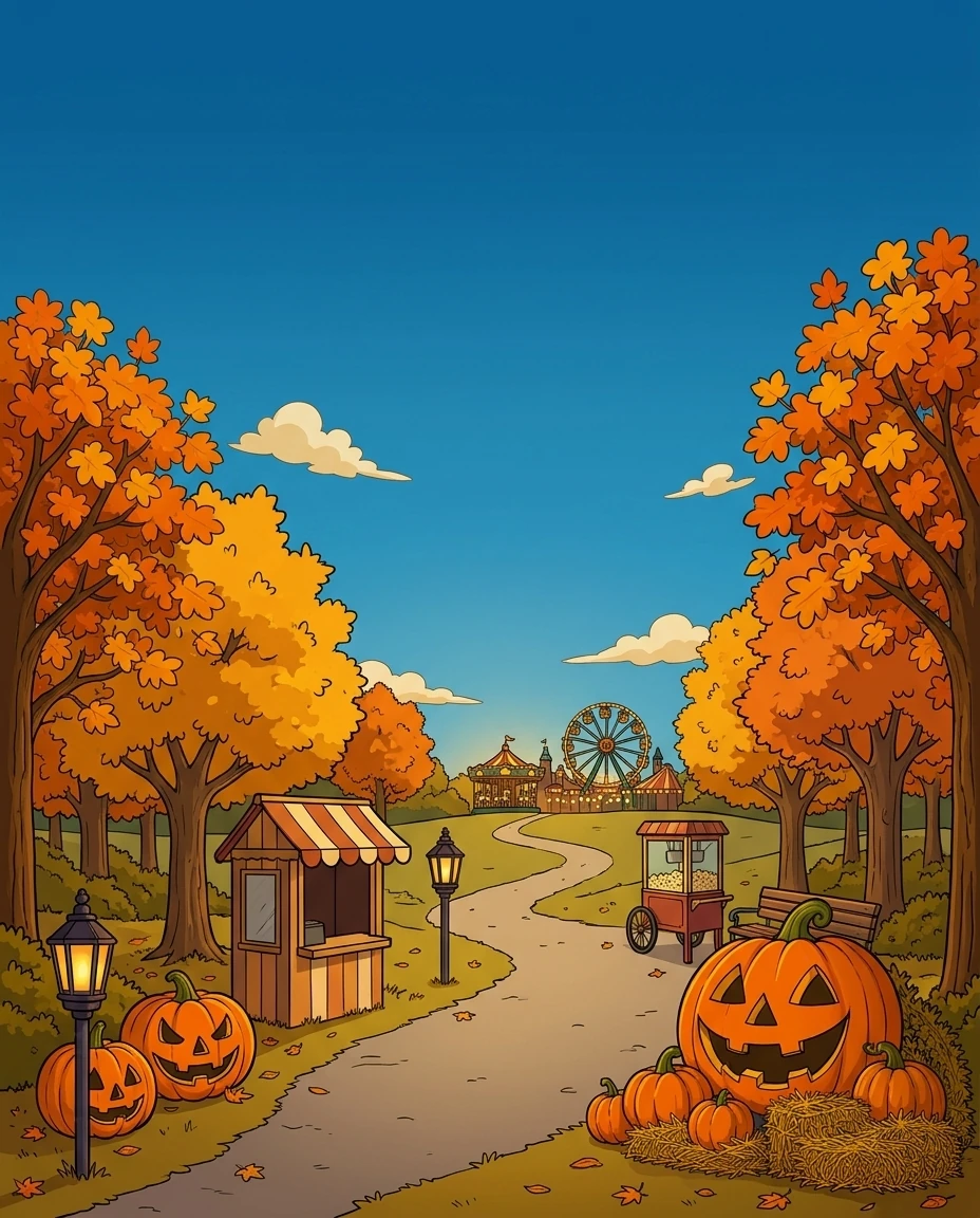Harvest Moon Carnival back cover with a winding path, ticket booths, jack-o-lanterns and a distant Ferris wheel.