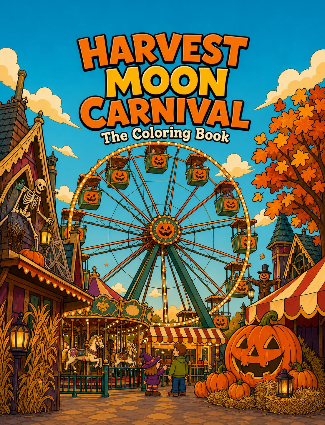 Harvest Moon Carnival cover with a pumpkin Ferris wheel, haunted fairground booths, visitors and autumn trees.