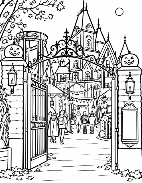 Iron gates with jack-o'-lanterns opening to a spooky mansion and costumed visitors, coloring page