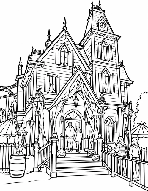 Victorian haunted house with jack-o'-lanterns and skeletons at a spooky fairground, coloring page.