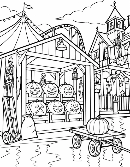 Jack-o'-lantern display booth with skeletons and a pumpkin wagon at a haunted carnival, coloring page.
