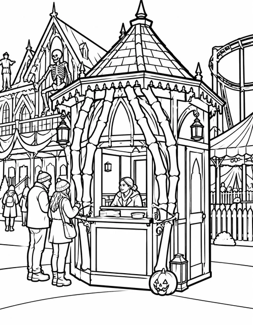 Skeleton-decorated ticket booth at a Halloween carnival with jack-o'-lantern and haunted house, coloring page.