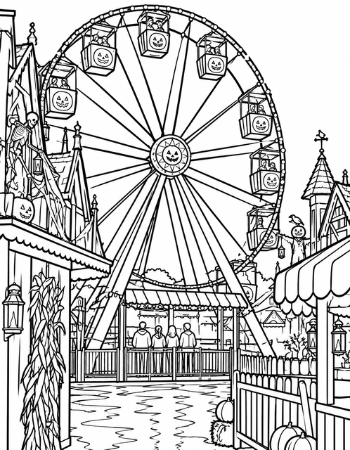 Giant Ferris wheel with jack-o'-lantern gondolas at a festive fairground, with skeleton decorations, coloring page.