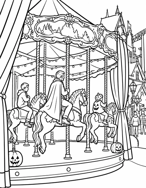 Children and pumpkin-headed figures riding carousel horses at a Halloween carnival, coloring page