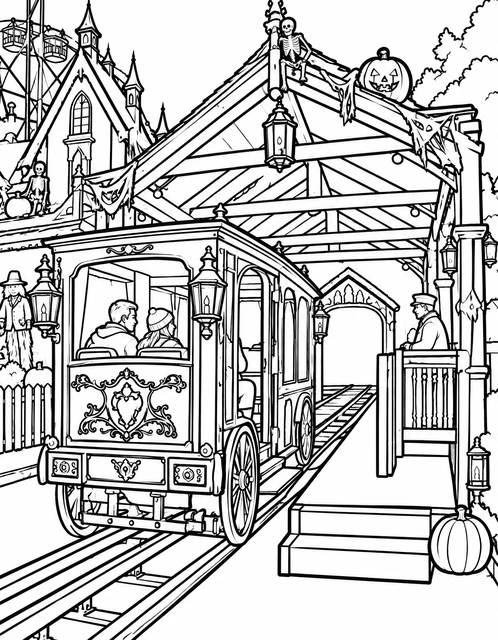 Victorian-style train car at a spooky carnival station with skeletons and jack-o'-lanterns, coloring page