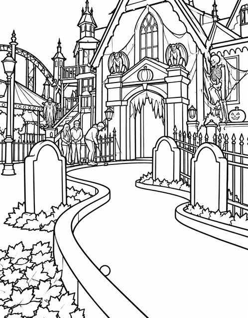 Spooky haunted house with mini golf course, gravestones, and carnival rides in the background, coloring page