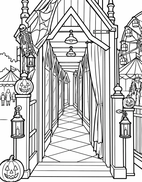 Gothic hallway lined with jack-o'-lanterns and lanterns at a spooky carnival, coloring page