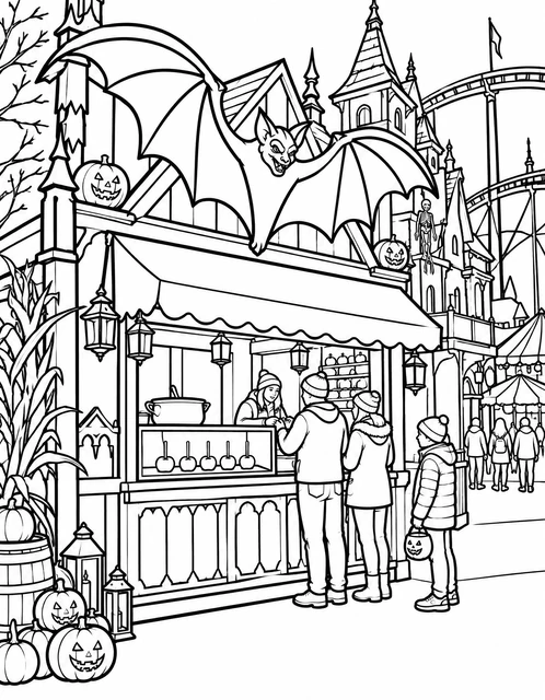 Caramel apple stand with a giant bat decoration at a Halloween carnival, with jack-o'-lanterns, coloring page.