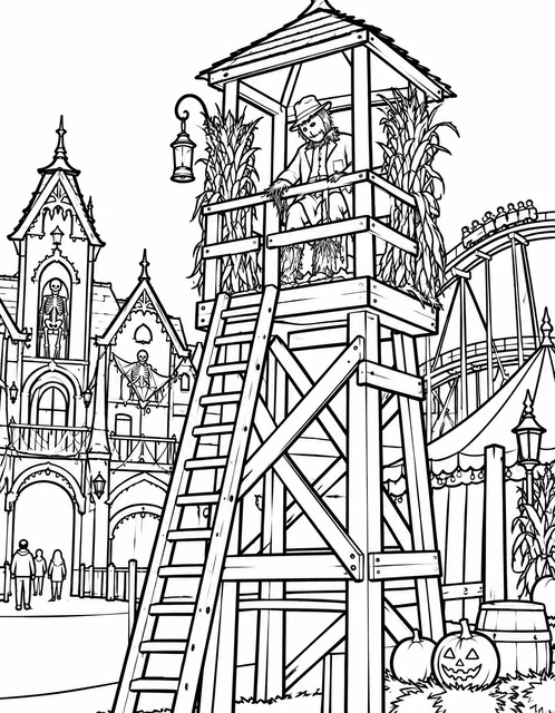 Scarecrow in a wooden watchtower at a Halloween carnival with pumpkins and haunted house, coloring page.