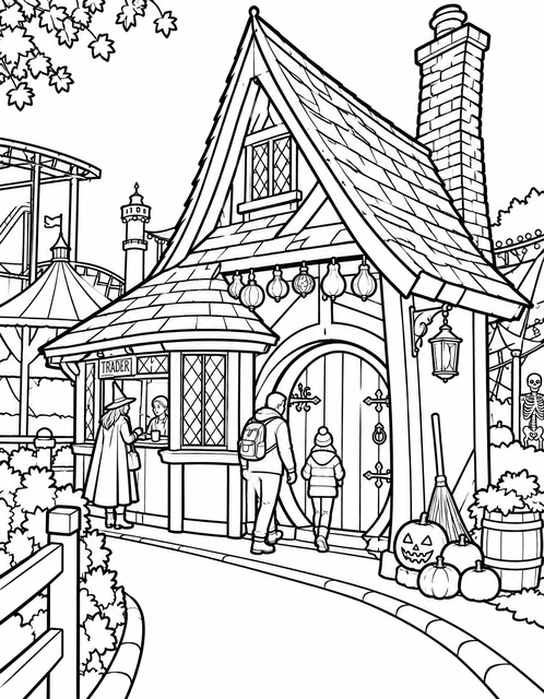 Fairytale cottage with jack-o’-lanterns and a trader booth at a spooky carnival, coloring page