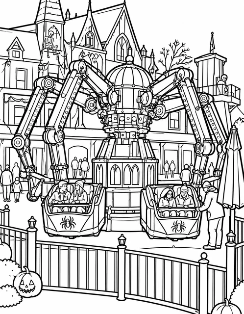 Mechanical spider ride in front of a spooky mansion with jack-o'-lanterns and skeletons, coloring page.