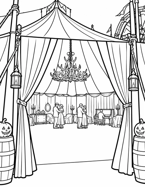 Elegant masquerade dancers inside a lantern-lit carnival tent with jack-o'-lanterns, coloring page