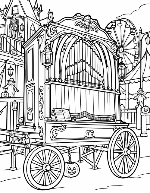 Decorated carnival organ wagon with jack-o'-lanterns and a haunted house, Halloween fairground coloring page