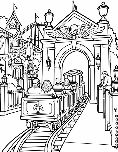 A haunted amusement park train passing under a skull-topped archway with jack-o'-lanterns, coloring page.
