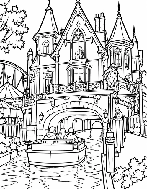Canal boat passing under a spooky mansion with skeletons and pumpkins, festive autumn decorations, coloring page