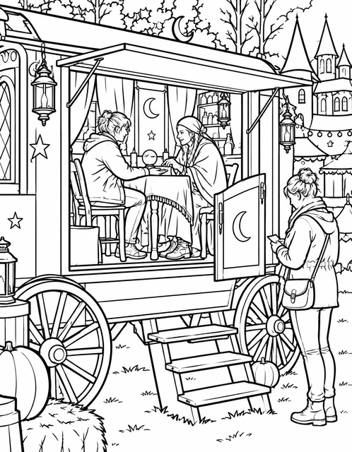 Fortune teller and guest inside a decorated wagon with lanterns and pumpkins, carnival tents behind, coloring page.