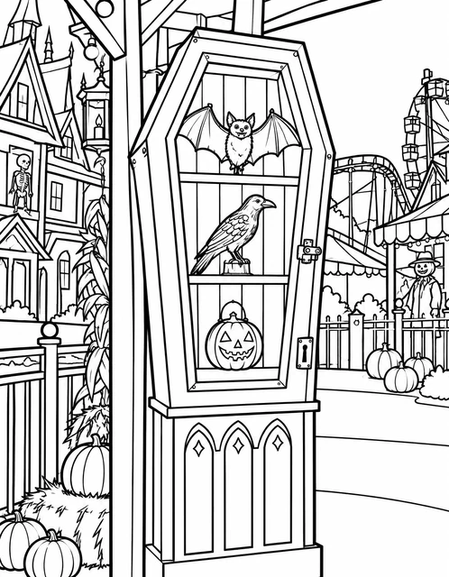 Coffin-shaped shelf with a bat, raven, and jack-o'-lantern at a spooky carnival, coloring page.