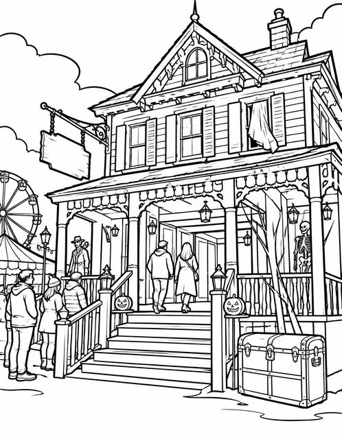 Victorian house porch with jack-o'-lanterns, a skeleton by the door, and people lining up, coloring page.