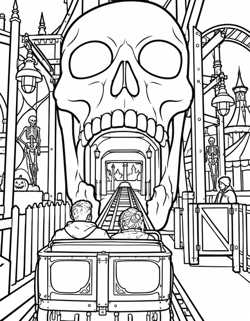 Roller coaster car entering a giant skull tunnel at a spooky carnival, with skeletons and lanterns, coloring page.