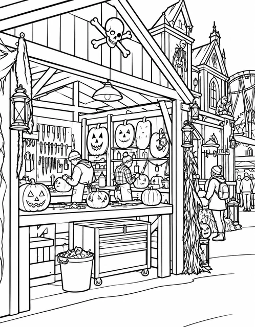 Pumpkin carving booth with jack-o'-lanterns at a haunted carnival, skull decorations overhead, coloring page