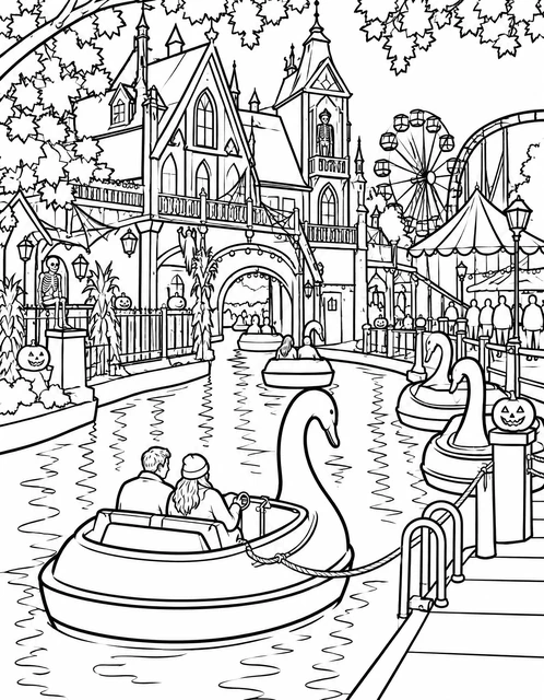 Swan-shaped paddle boats on a canal near a spooky mansion with jack-o'-lanterns, coloring page