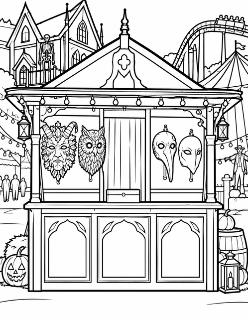 A mask vendor booth with animal and plague doctor masks at a Halloween fairground, coloring page