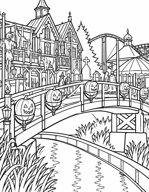 A bridge lined with jack-o'-lanterns over a stream in front of a haunted house and carnival rides, coloring page.