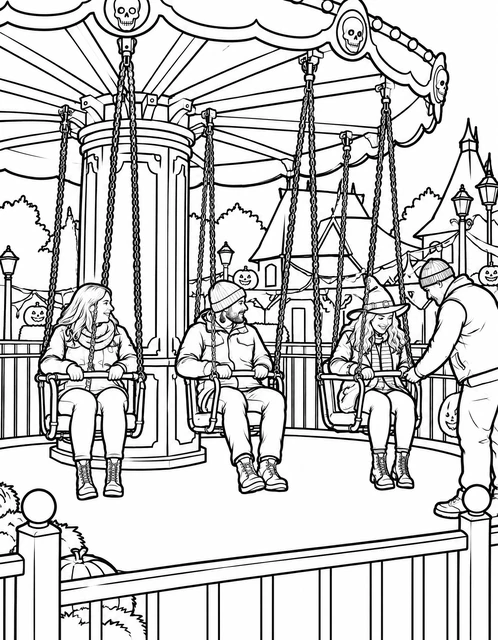 Swing ride with costumed people under skull decorations at a Halloween carnival, coloring page