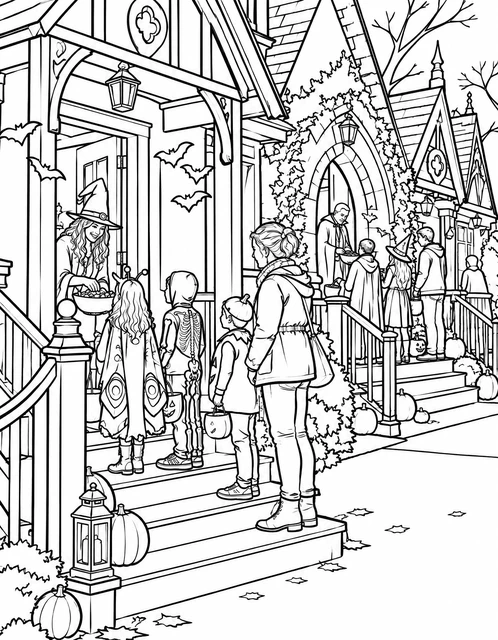 Children in costumes waiting for candy on decorated porches with pumpkins and lanterns, coloring page