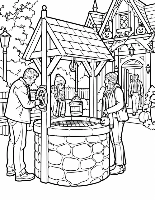 Stone wishing well with three people in autumn clothes near a decorated cottage with jack-o'-lanterns, coloring page.
