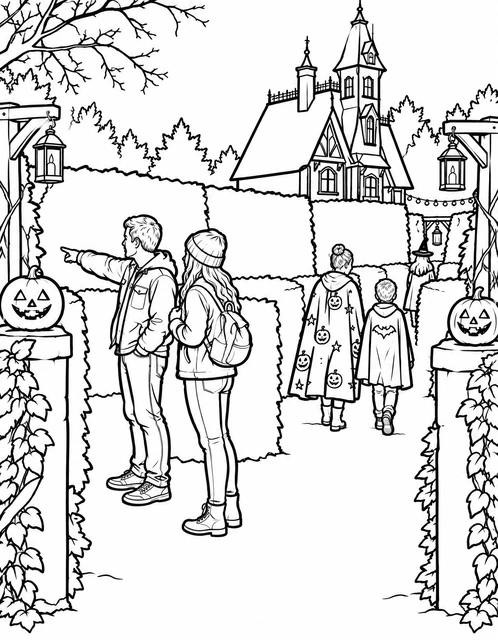 Group of kids at a hedge maze entrance with jack-o'-lanterns and a spooky church, coloring page.