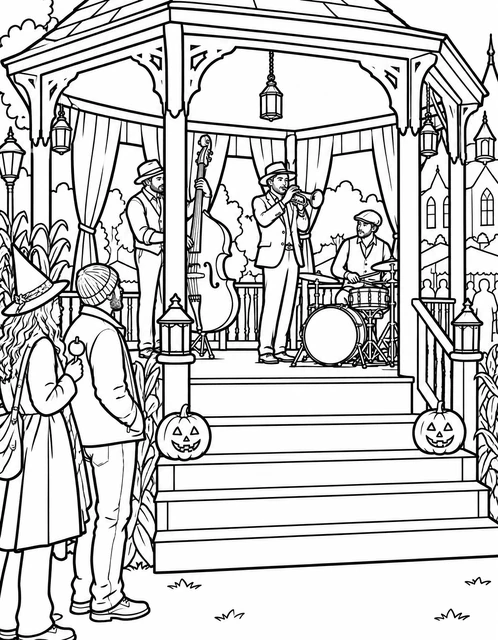 A jazz trio performing in a decorated gazebo with jack-o'-lanterns and autumn corn stalks, coloring page.