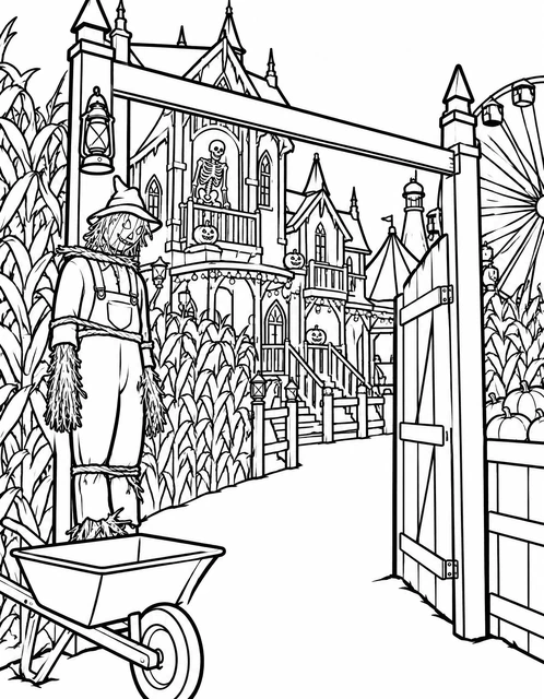 A scarecrow stands by a cornfield gate near a spooky mansion with jack-o'-lanterns, coloring page.