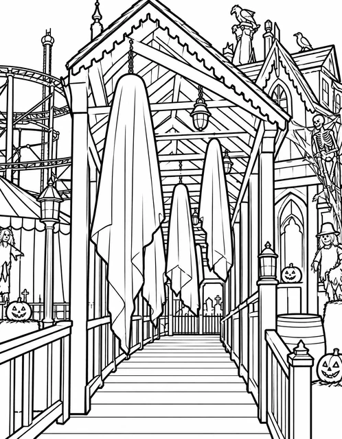 Hanging ghost decorations along a covered boardwalk leading to a haunted house, with jack-o'-lanterns, coloring page.