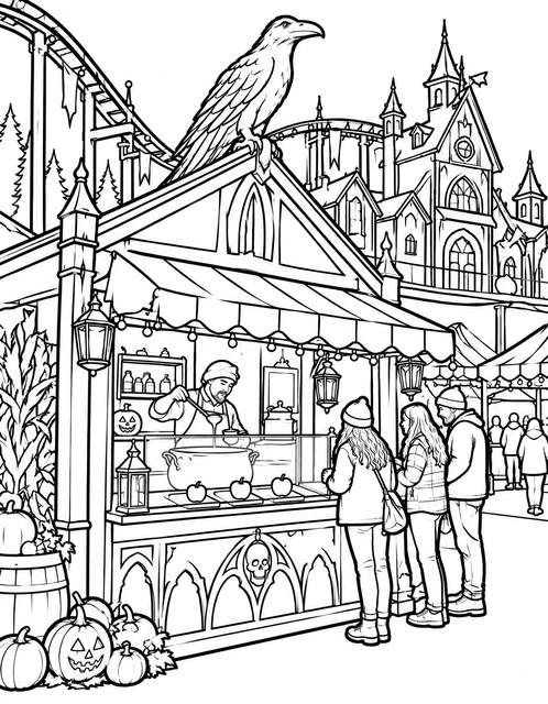 A large raven perched atop a decorated carnival food stand with pumpkins and skulls, coloring page.