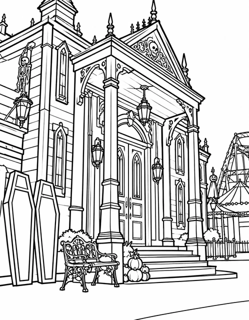 Gothic haunted house with coffins and pumpkins at a spooky fairground, coloring page