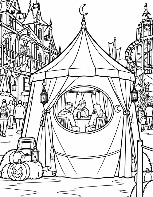 Fortune teller tent with three people inside at a Halloween carnival, jack-o’-lanterns and haunted house, coloring page.