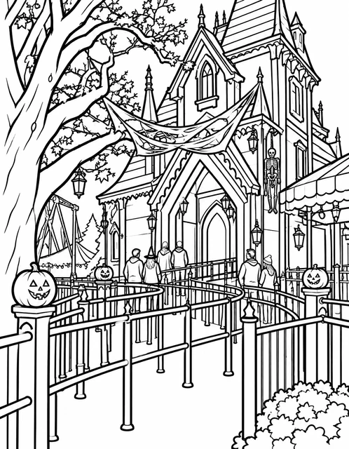 People in line outside a spooky haunted house with jack-o'-lanterns and cobwebs, coloring page.