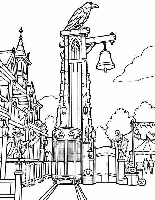 A haunted drop tower ride with a giant raven and jack-o'-lanterns at a Halloween fairground, coloring page.