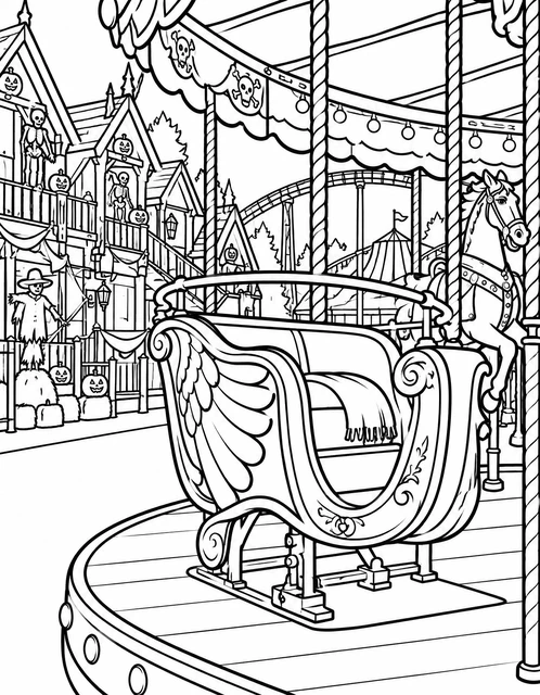 Ornate carousel sleigh with skeleton horses near haunted houses and jack-o'-lanterns, coloring page