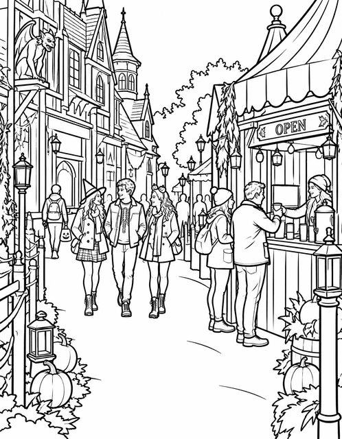 Carnival-goers walking past a food stand on a decorated autumn street with pumpkins and a gargoyle, coloring page.