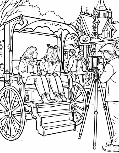 Two people sitting on a decorated carnival carriage as a photographer takes their picture, coloring page