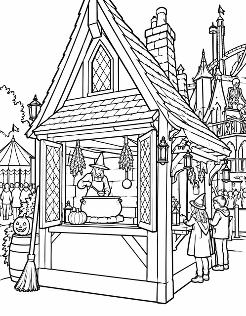 A witch stirring a cauldron in a festive fairground booth with children watching, coloring page.