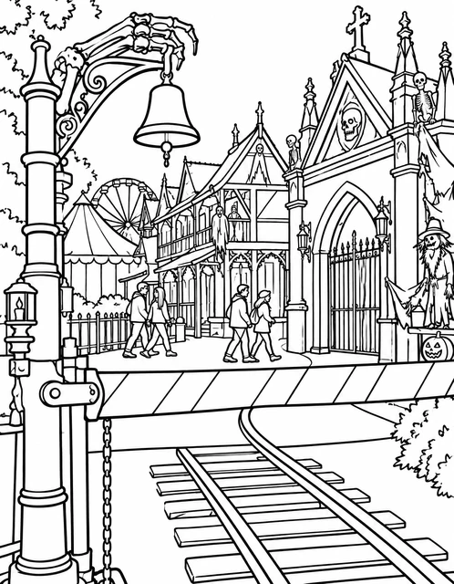 Spooky carnival gate with skeleton bell and mausoleum by train tracks, coloring page