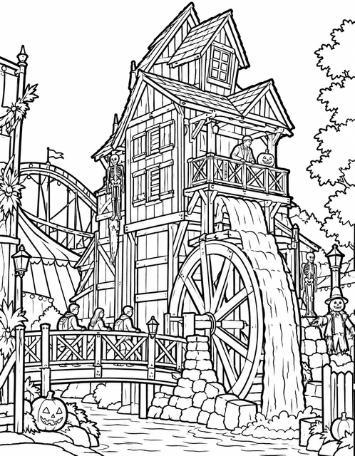 Old wooden watermill with skeletons and jack-o'-lanterns beside a bridge at a spooky fairground, coloring page.