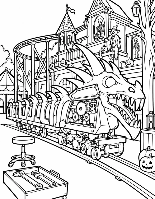 Mechanical dragon roller coaster car on tracks in front of a haunted house with skeletons, coloring page.