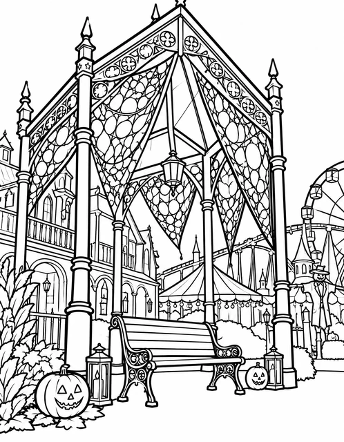 Gothic gazebo with jack-o'-lanterns and lanterns in a spooky carnival park, coloring page.